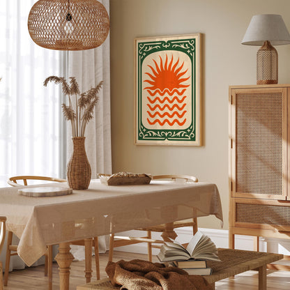 Orange Sun Poster - Green Frame Abstract Wall Art