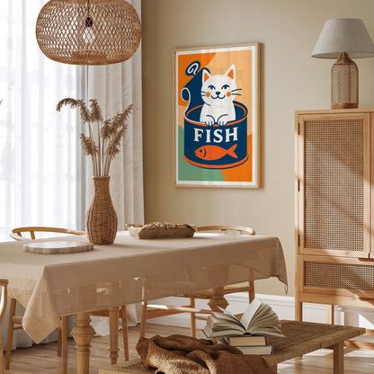 Funny White Cat and Canned Fish Poster