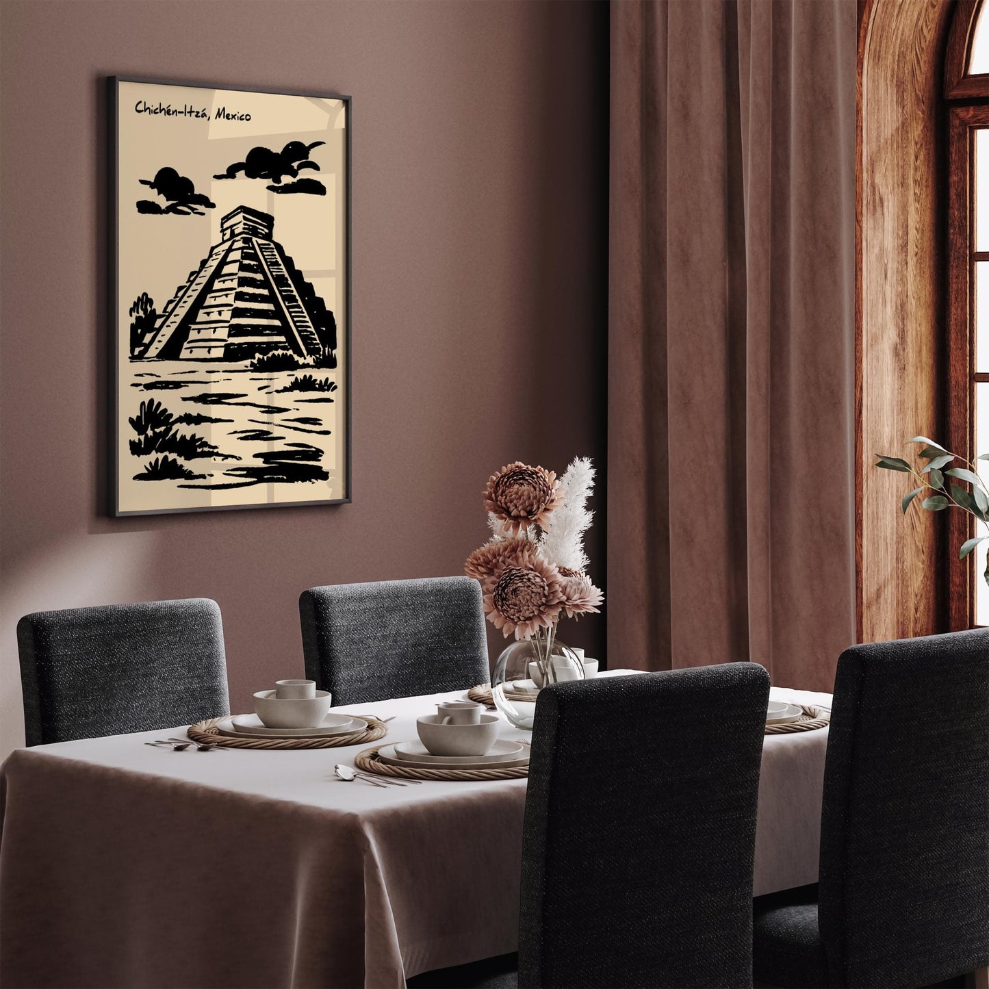 Chichén Itzá Poster - Black Ink Mexico Architecture Print