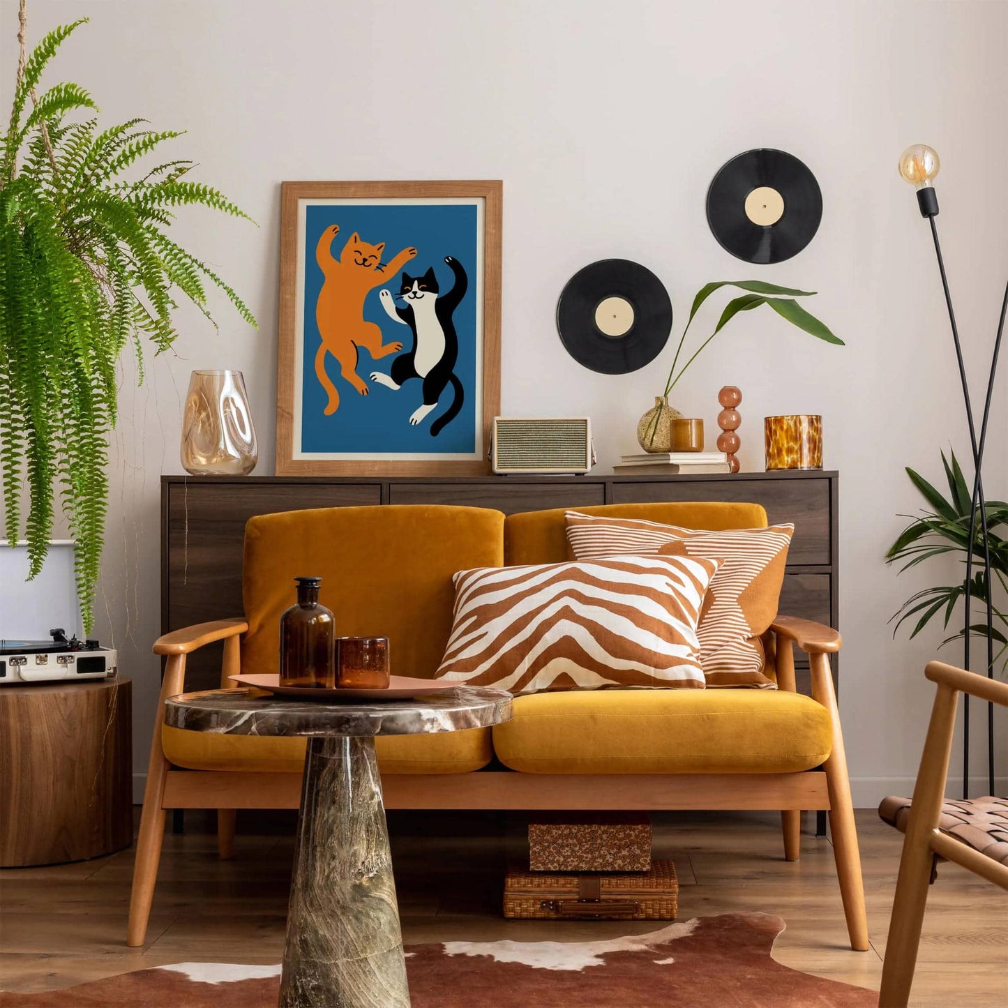 Playful Cats Wall Art – Blue Background Poster