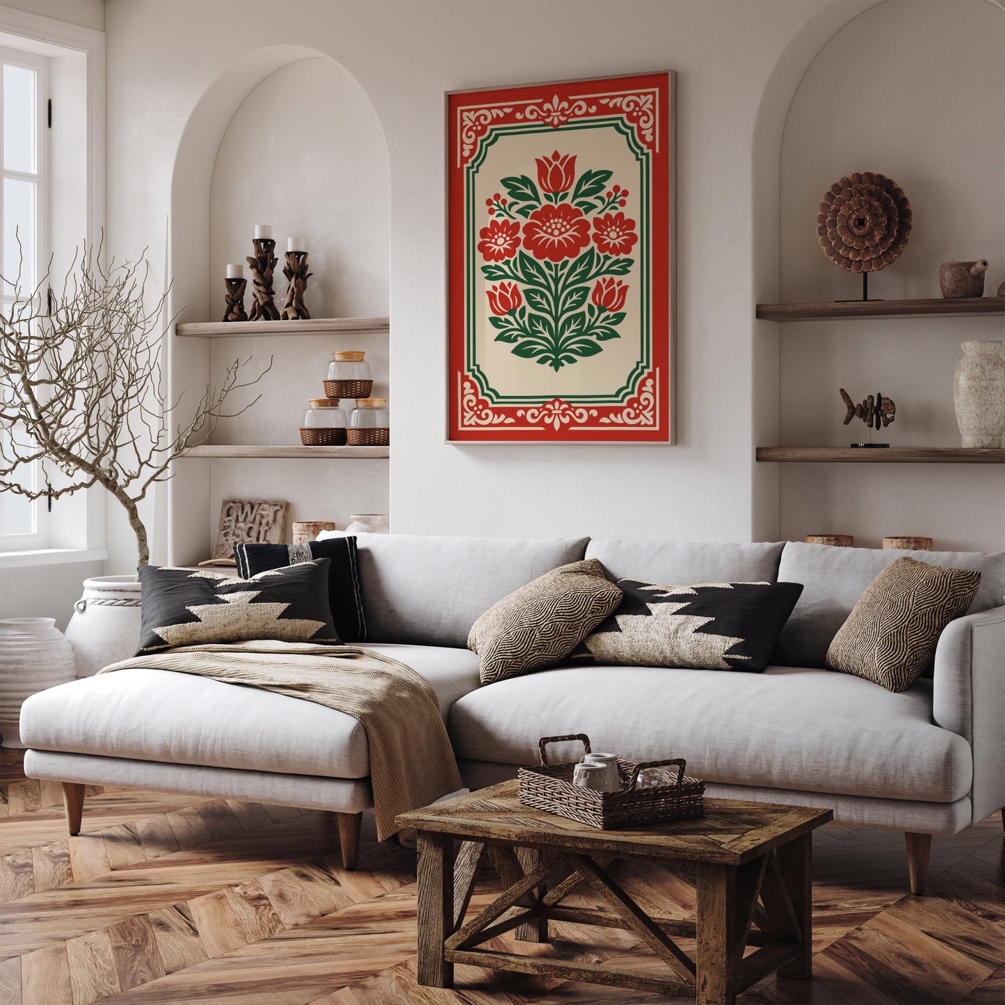 Red Rococo Floral Wall Art Print