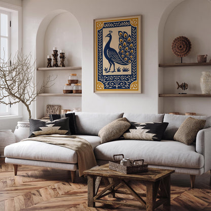 Navy Blue Peacock Art Print – Elegant Rococo Style Wall Art