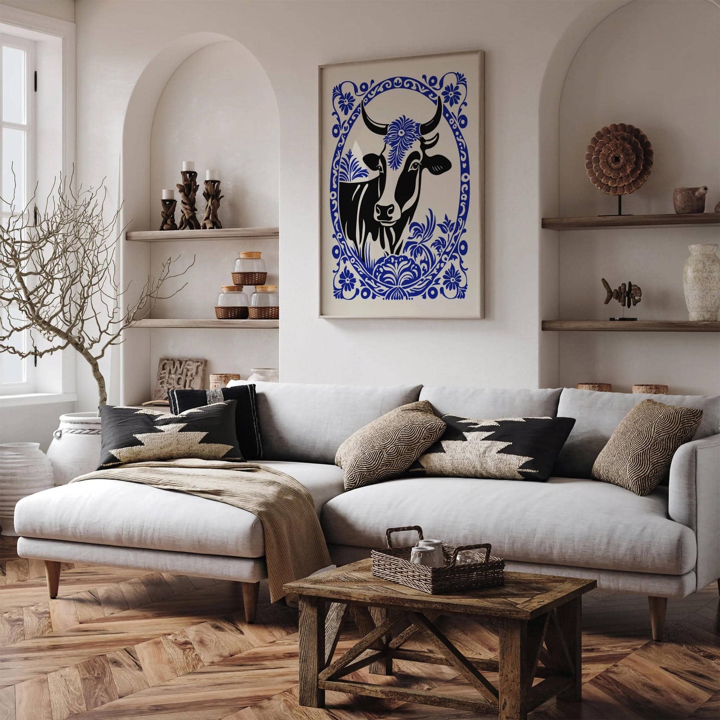 Blue Rococo Elegant Cow Portrait Art Print