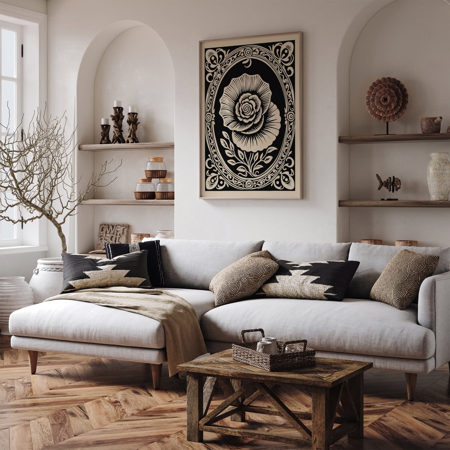 Black Rococo Revival Rose Flower Poster