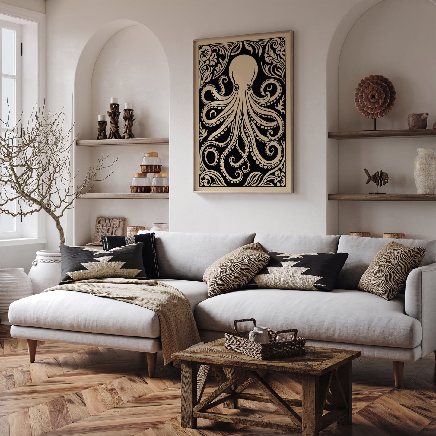 Octopus Rococo Style Black Animal Art Print
