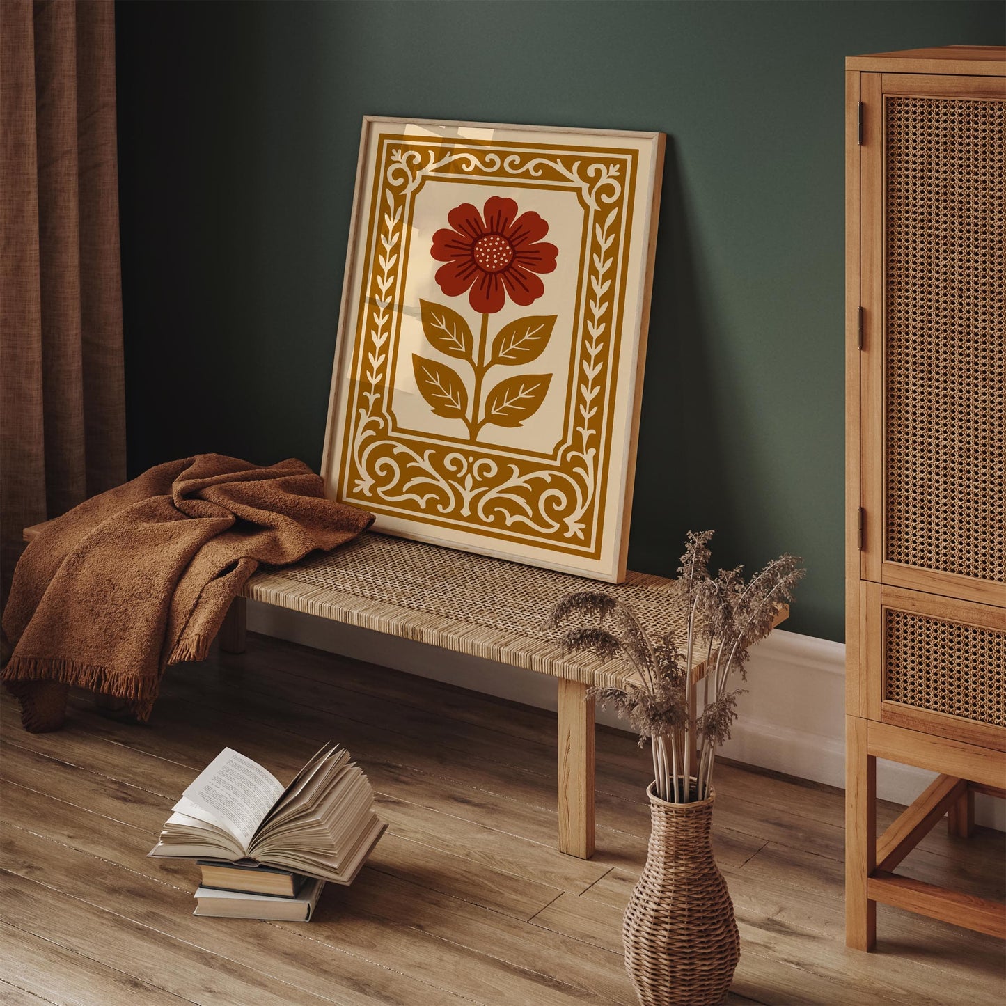 Mustard Yellow and Red Rococo Flower Poster