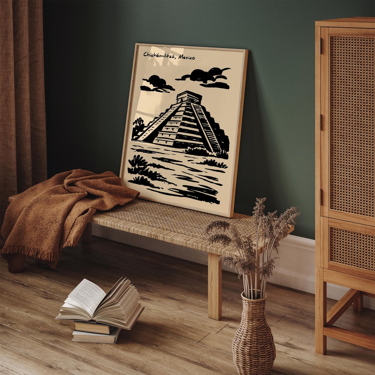 Chichén Itzá Poster - Black Ink Mexico Architecture Print