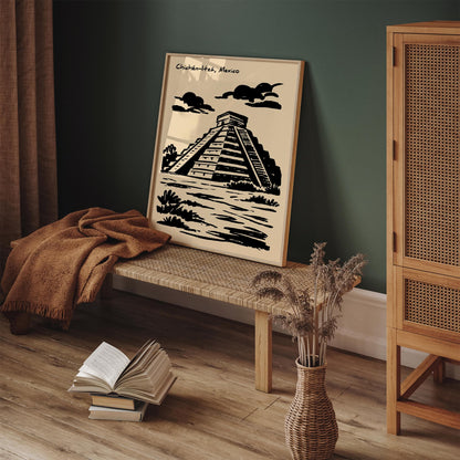Chichén Itzá Poster - Black Ink Mexico Architecture Print