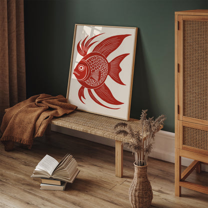 Retro Fish Linocut Print - Japanese Wall Decor