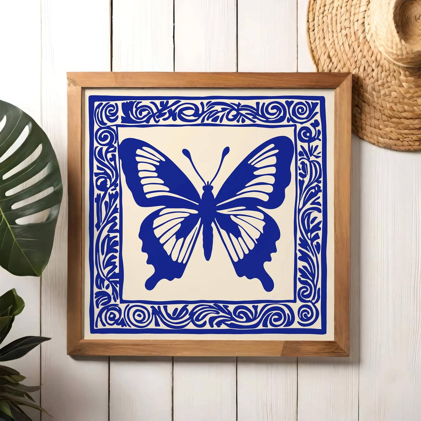 Blue Linocut Butterfly Art Print – Square Wall Decor