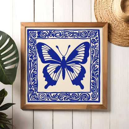 Blue Linocut Butterfly Art Print – Square Wall Decor