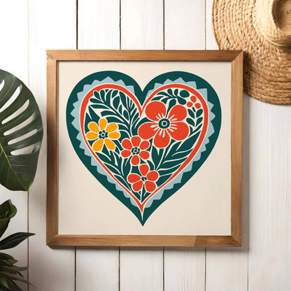Folk Art Heart Print – Square Wall Decor