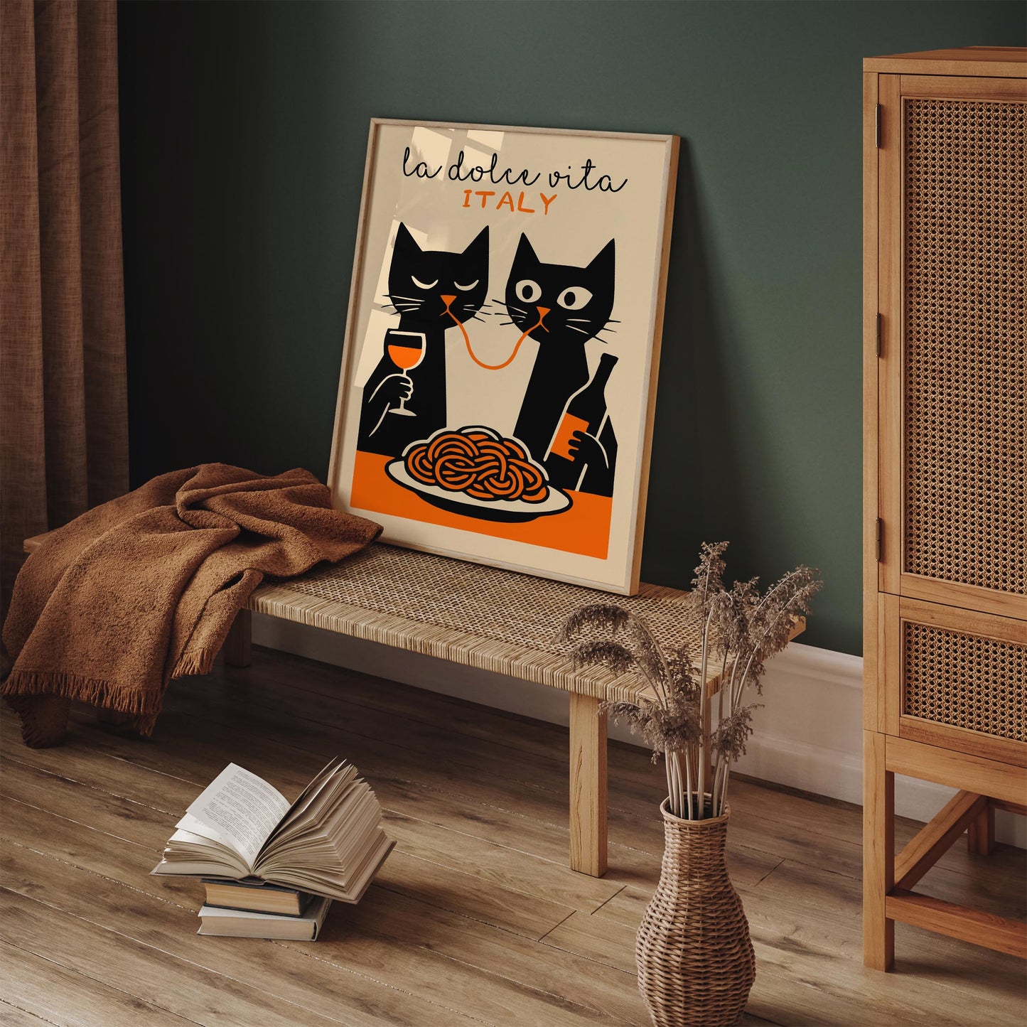 La Dolce Vita Poster - Two Funny Cat Eating Spaghetti Print