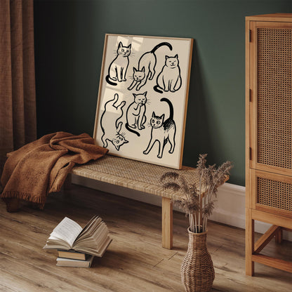 Six Funny Cats Poster - Black Ink Sketch Wall Art Print