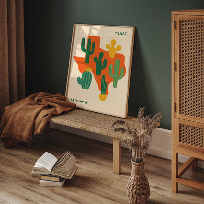 Texas Cactus Wall Art - Southwestern Desert Map Print