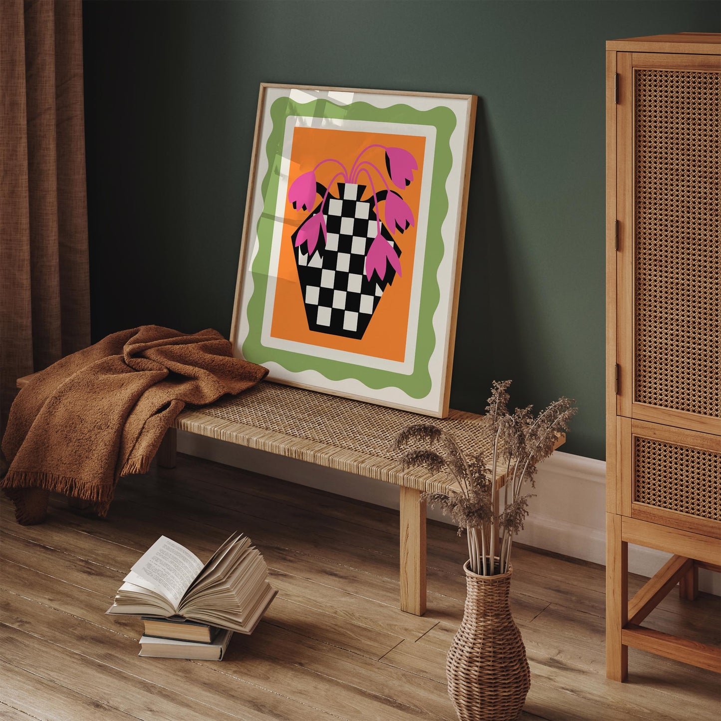 Retro Tulips Poster - Pink Floral Checkerboard Wall Art