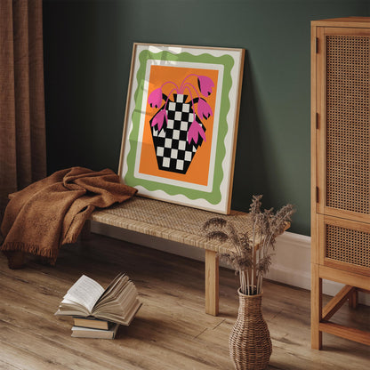 Retro Tulips Poster - Pink Floral Checkerboard Wall Art