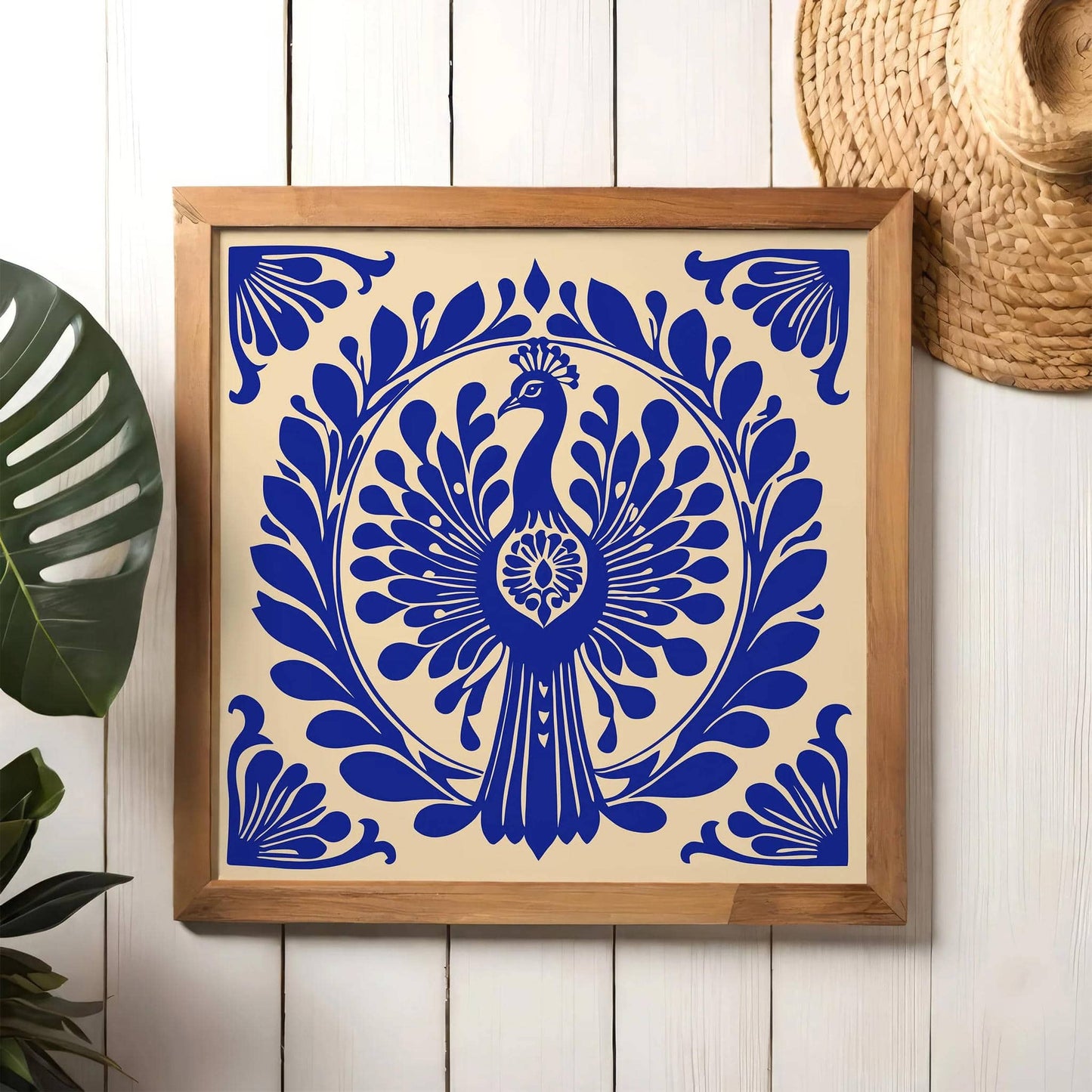 Blue Art Nouveau Peacock Bird Square Print