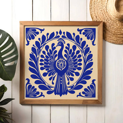 Blue Art Nouveau Peacock Bird Square Print
