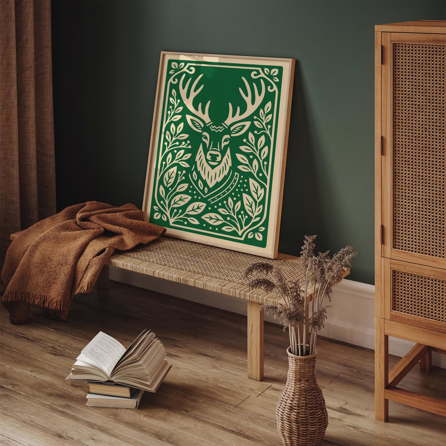 Reindeer Christmas Poster - Green Holiday Wall Art