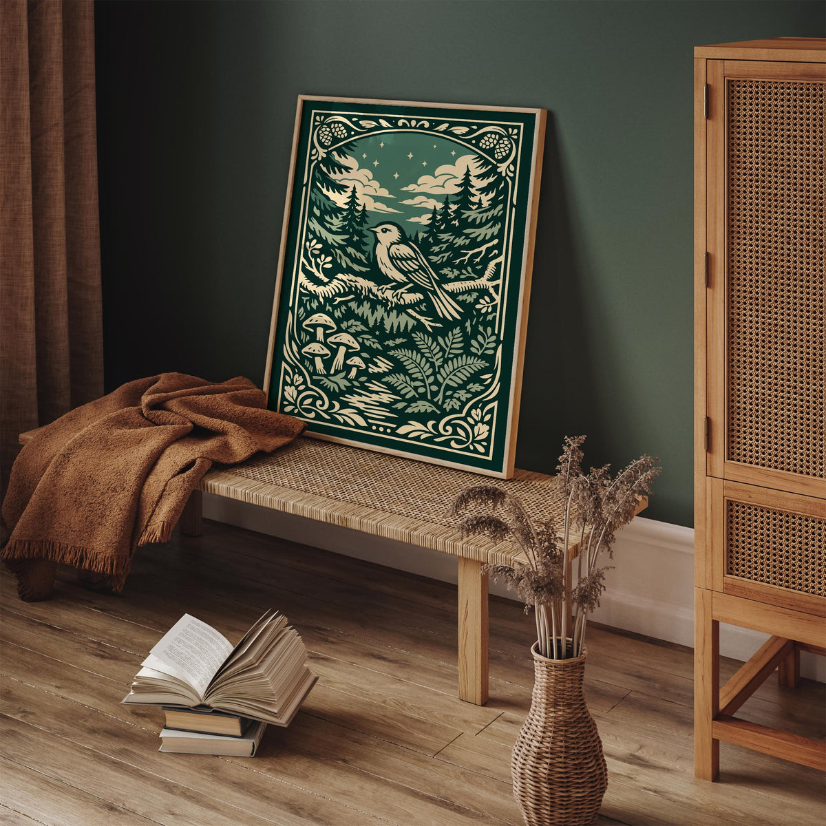 Night Forest Bird Art Poster