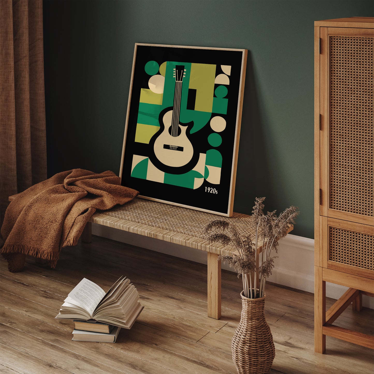 Jazz Age, Roaring 20s, Green Geometric Guitar Print