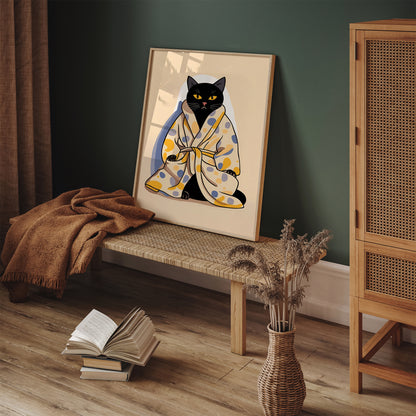 Bathrobe Cat Cute Bathroom Wall Art Print