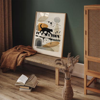 Black Cat on Piano Keyboard Art Print – Vintage Music Wall Art