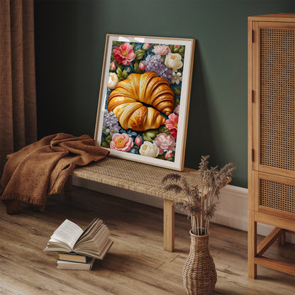 Croissant in Flowers Art Print Cafe Decor