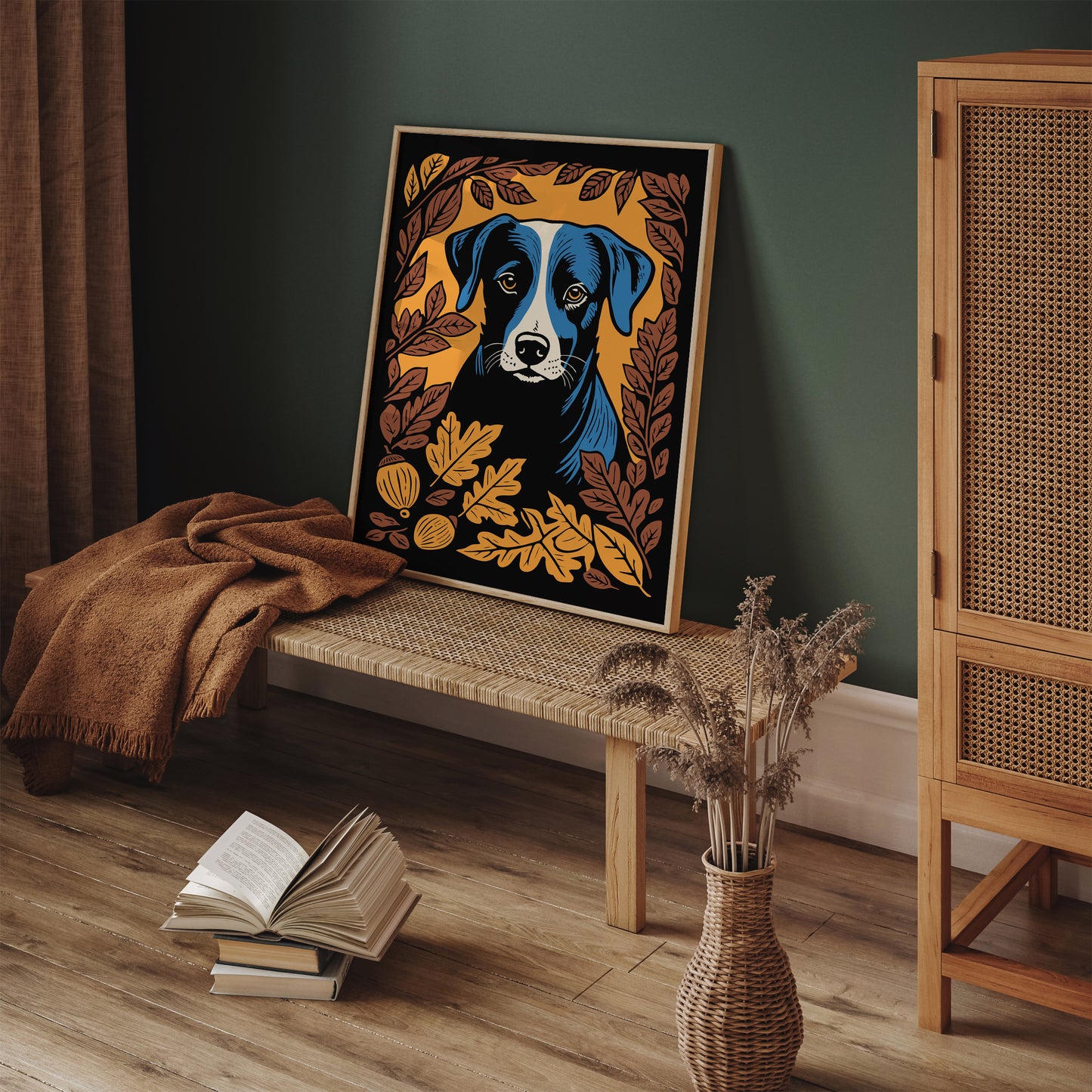 Dog in Fall Leaves Art Print