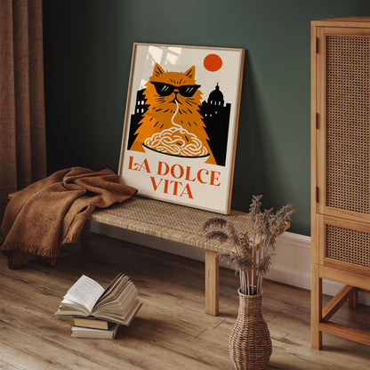 La Dolce Vita Poster - Funny Cat Eating Spaghetti Wall Art Print