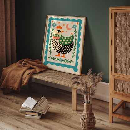 Retro Folk Chicken Poster