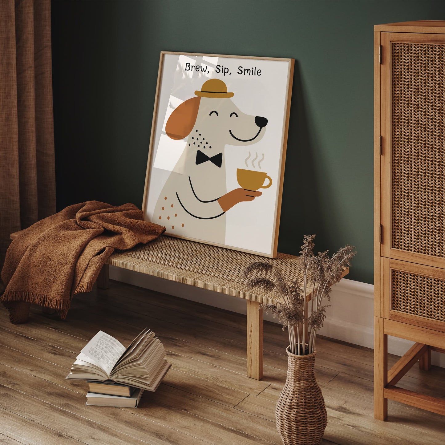 Brew Sip Smile Poster - Cute Dog with Tea Art Print