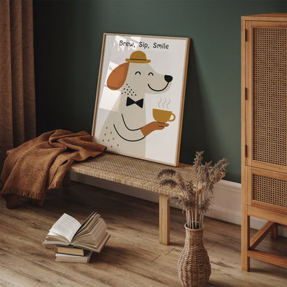 Brew Sip Smile Poster - Cute Dog with Tea Art Print
