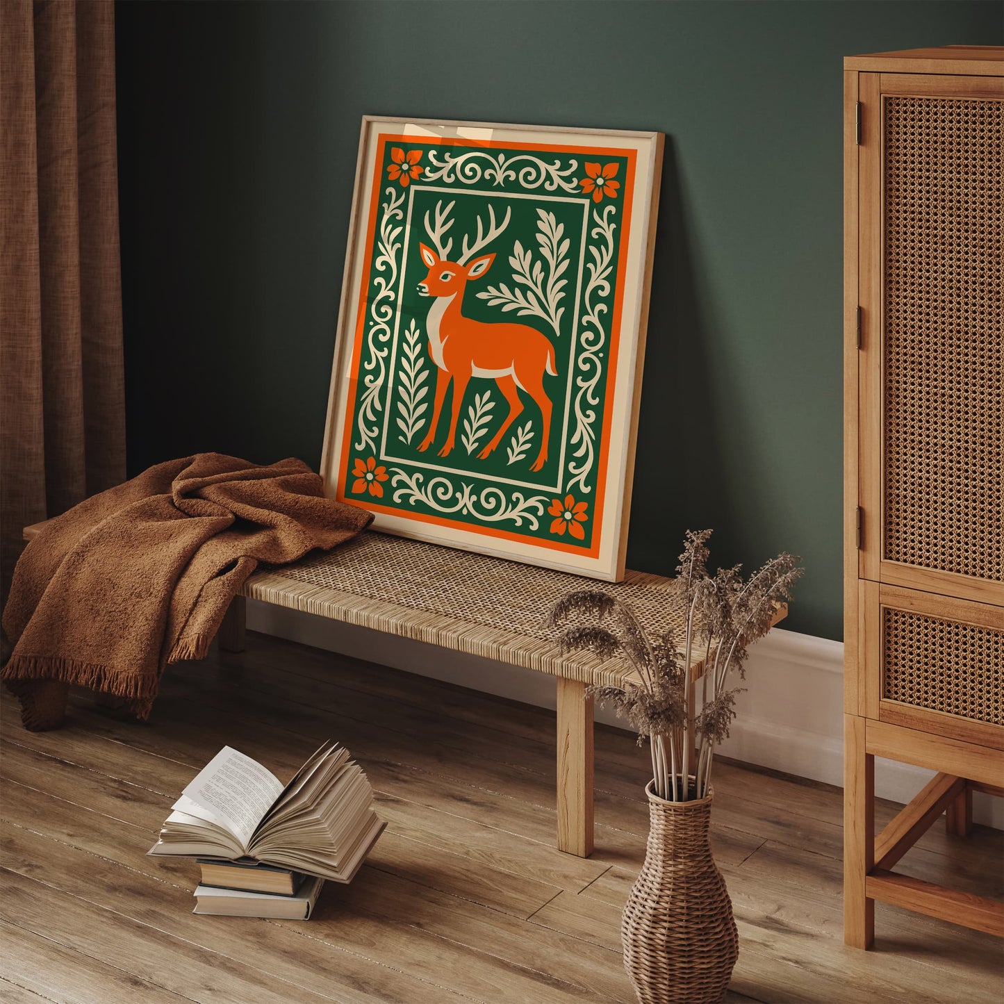 Rococo Deer Art Print - Green and Orange Nature Poster