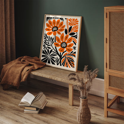 Orange Flowers in Linocut Style Art Print