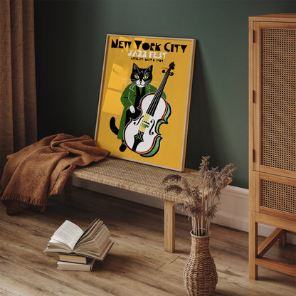 Yellow Jazz Cat Poster - NYC Fest Retro Poster