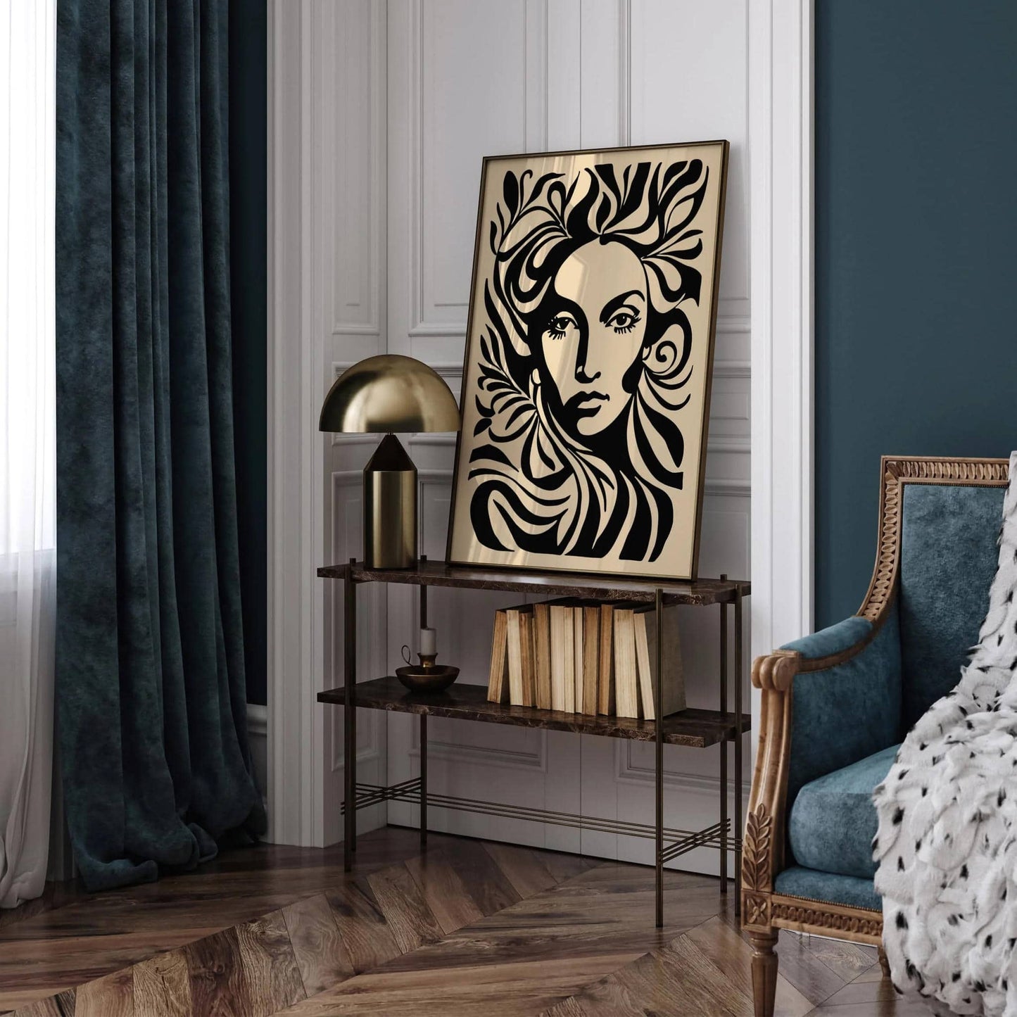 Black Ink Style Woman Face Portrait Art Print