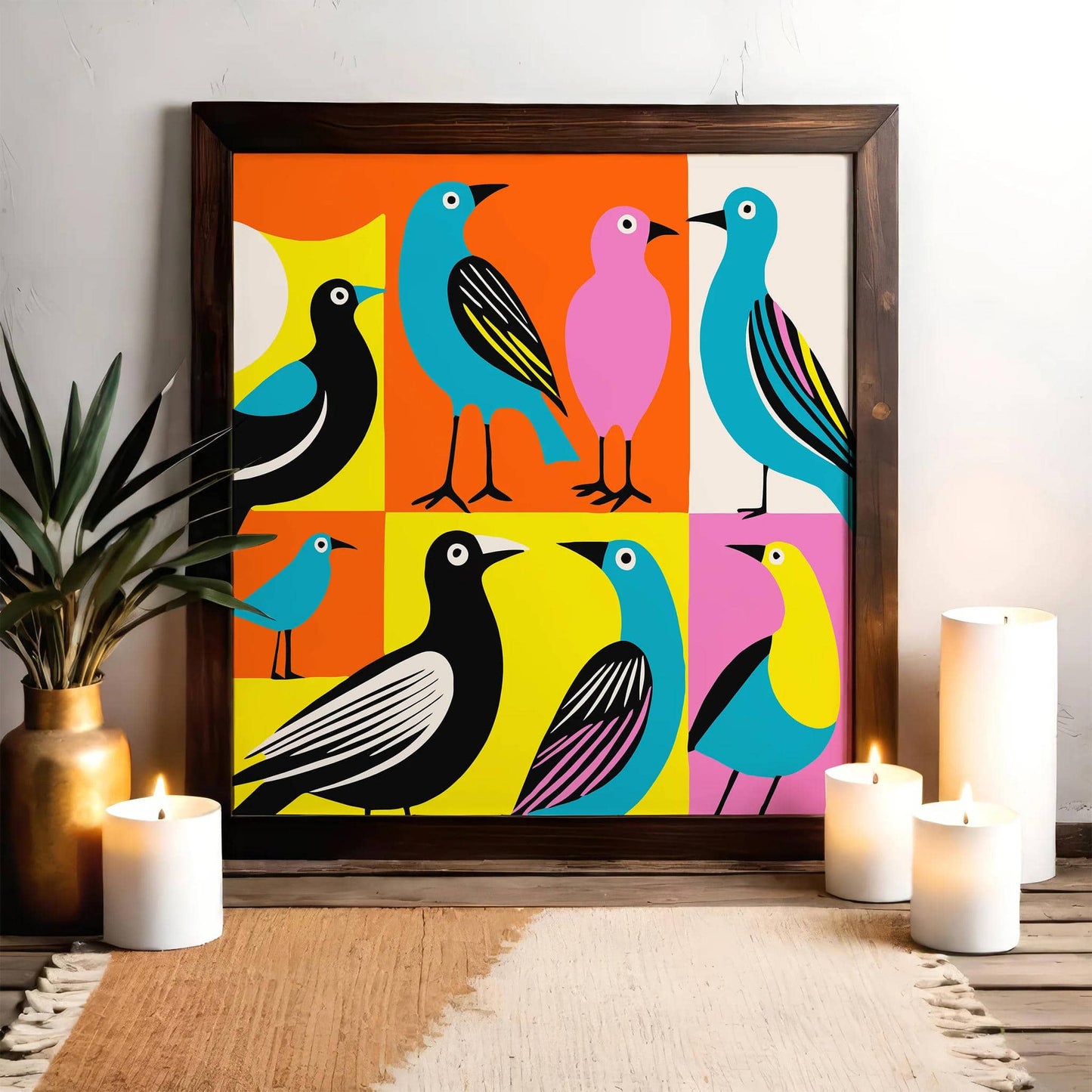 Mid-Century Modern Birds Print – Colorful Square Art