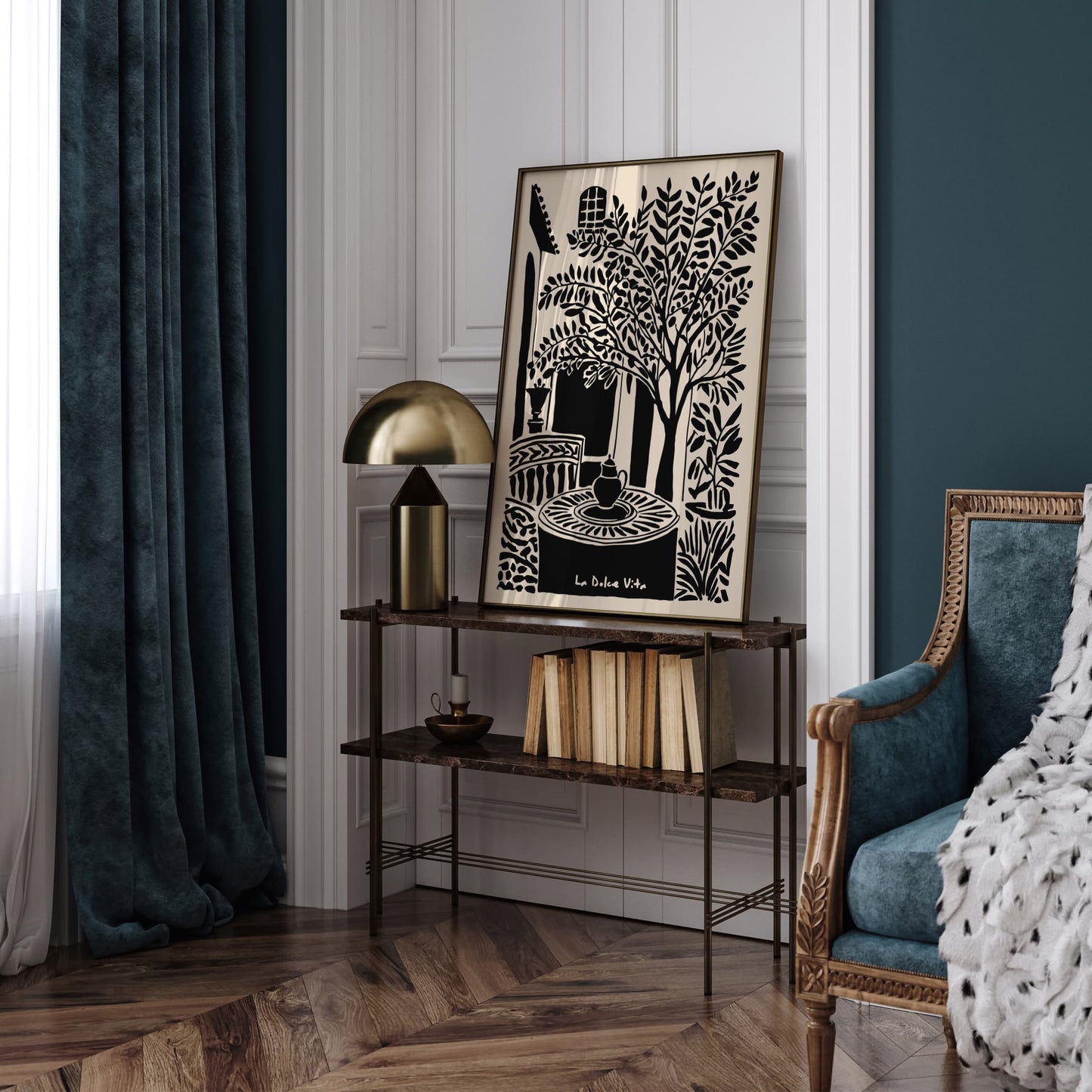 La Dolce Vita Black Ink Style Italian Porch Art Print