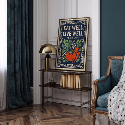 Eat Well, Live Well Poster - Farmhouse Kitchen Wall Art Print