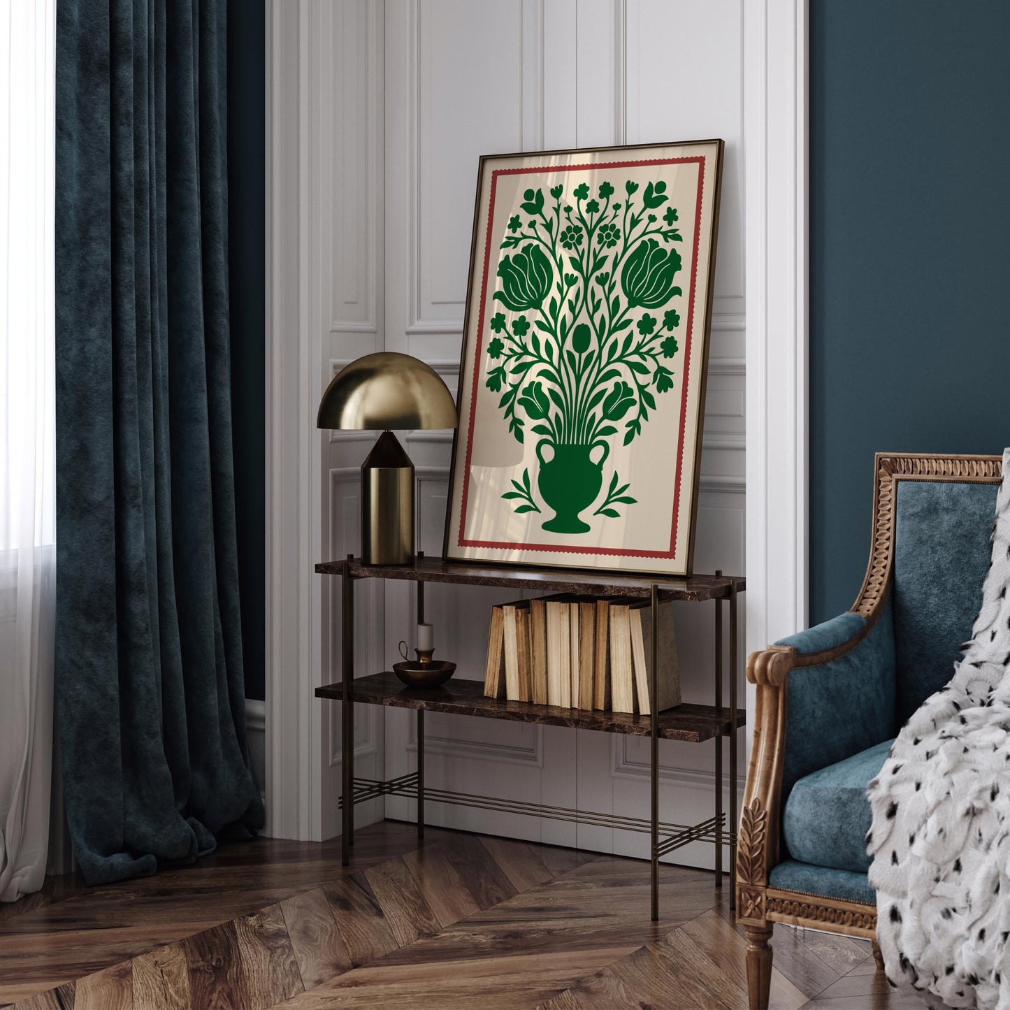 Green Vintage Floral Wall Art Print