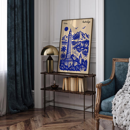 Turkey Travel Poster - Antalya Blue Coastal Art