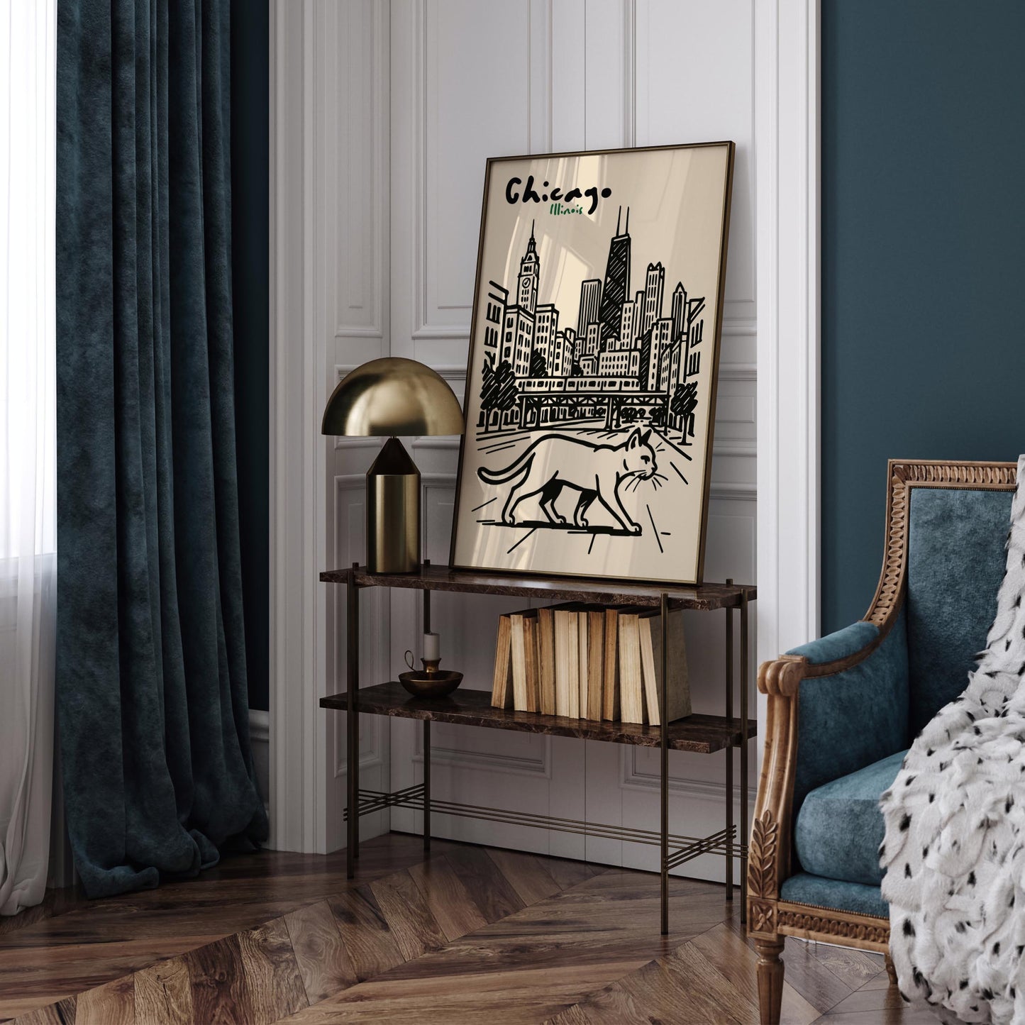 Chicago Illinois Poster - Walking Cat Wall Art Print