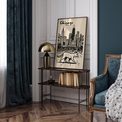 Chicago Illinois Poster - Walking Cat Wall Art Print
