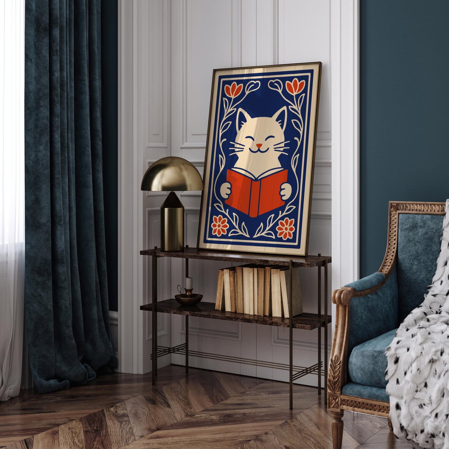 Cute White Cat with a Book Poster