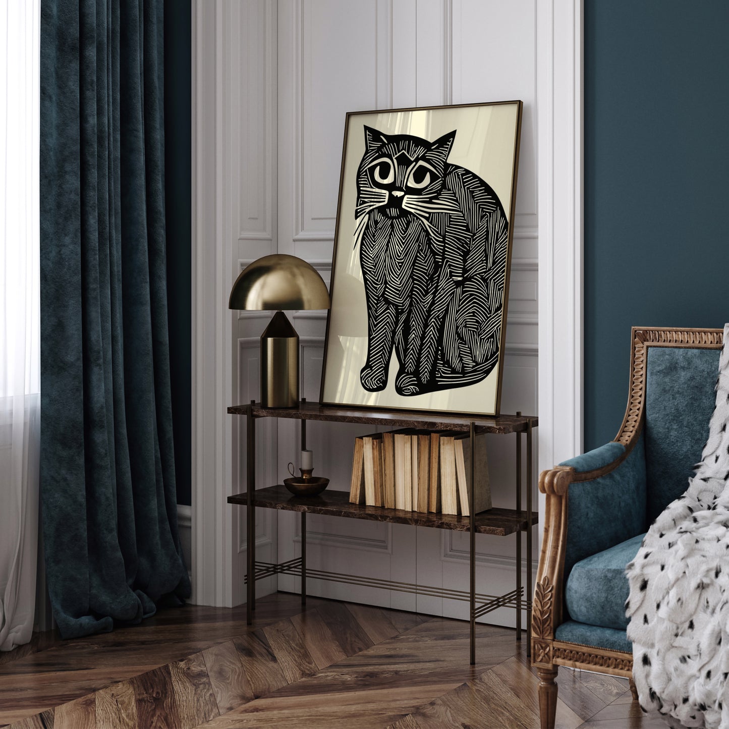 Linocut Chubby Cat Wall Art Print