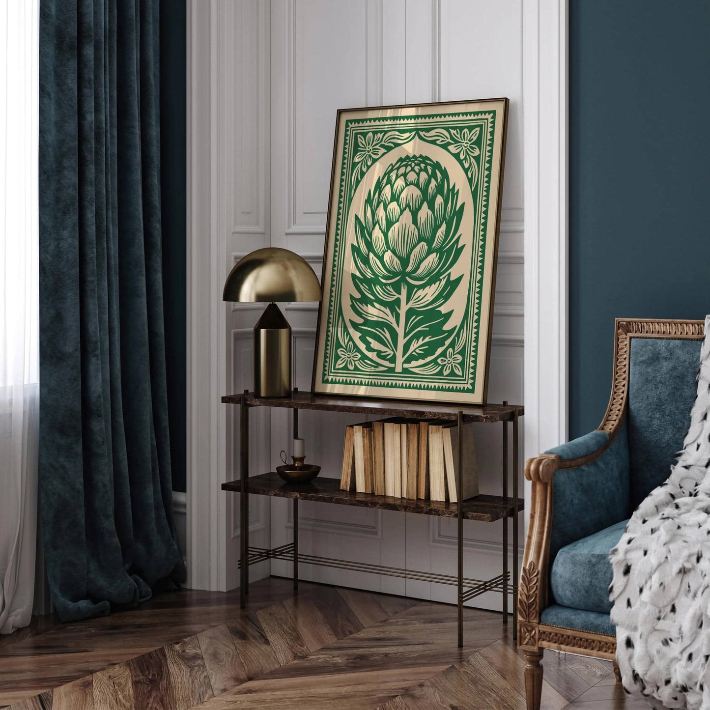 Green Artichoke Linocut Style Poster