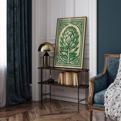 Green Artichoke Linocut Style Poster