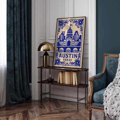 Austin Texas Poster - Blue Cityscape Travel Wall Art